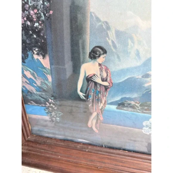 Vintage R Atkinson Fox Framed Lithograph Classical Woman Mountain Lake Wall Art